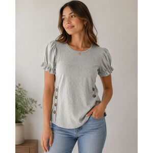 Como Blu Puff Sleeve Button Detail Top NWT Gray Knit Stretch Tee Women’s Small